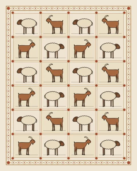 An all-over pattern of sheep and goats in alternating rows, each in its own small lattice cell, on a pale ground.