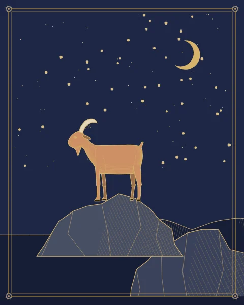 A long-horned goat standing on a rocky crag against deep indigo, a crescent moon and stars above.