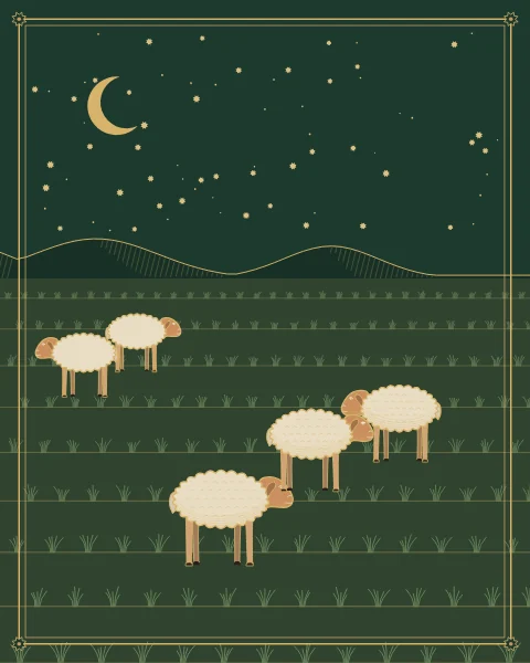 A small flock of sheep among rows of young crops by night, under a crescent moon on deep green.