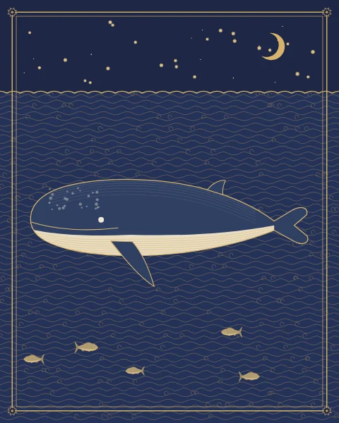 A great whale swimming through engraved waves on deep indigo, with smaller fish below and a crescent above the water.