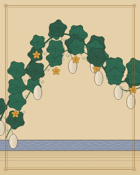 A broad-leaved gourd vine spreading over an empty shore, its pale gourds hanging above the sand, a calm sea beyond.