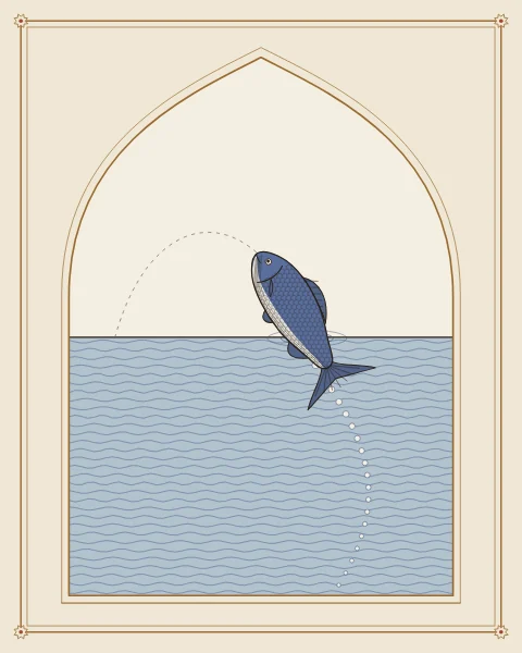 A single fish slipping into the sea, its path traced as a fine arc that runs down through the engraved water.