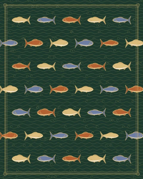 Rows of fish swimming openly at the surface of a green sea, drawn in jewel colours over fine engraved waves.