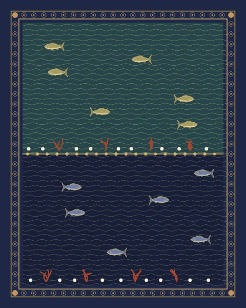 Two bodies of water side by side, one pale and fresh, one deep and salt, divided by a fine ornamental line, with fish in each and pearls and coral below.
