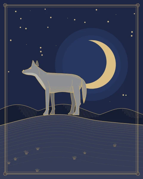 A grey wolf standing alert on a moonlit rise, dark hills and a great crescent behind it on deep indigo.
