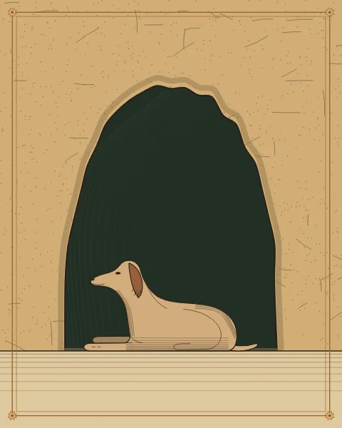 A slender hound lying with its forelegs stretched out at the mouth of a rock cave, the dark interior behind it and the rock face drawn in fine line.