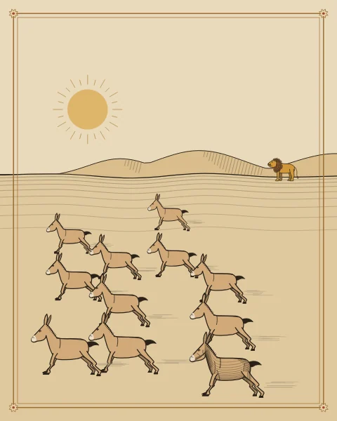 A herd of wild donkeys running headlong across an open plain under a pale sun, a lion standing far off on a low rise.