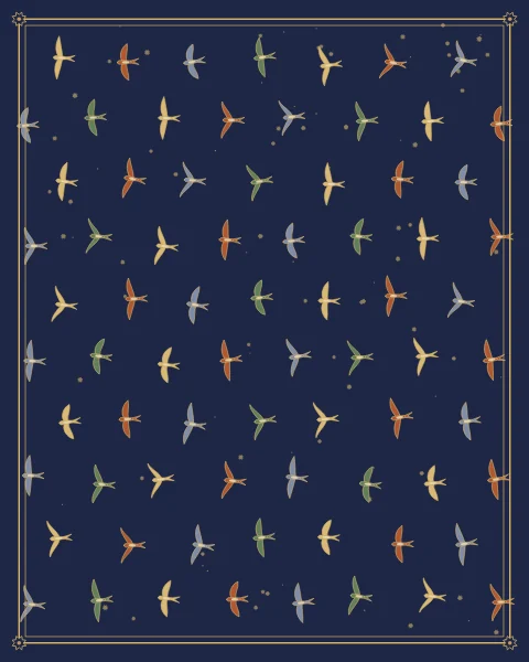 Flocks of small birds in flight on deep indigo, wings caught at every point of the beat, in gold and jewel tones.