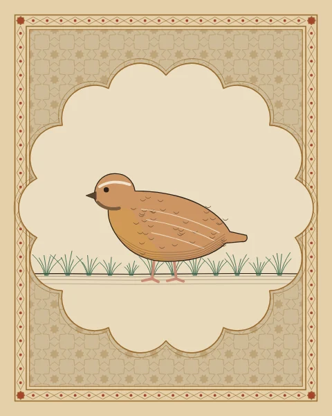 A speckled quail standing among grasses, drawn inside a scalloped medallion on a lattice ground with a lozenge border.