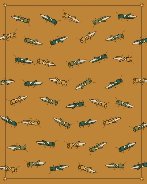 A swarm of locusts in green and ochre spread over a warm ochre ground, each drawn with wings, long hind legs and antennae.