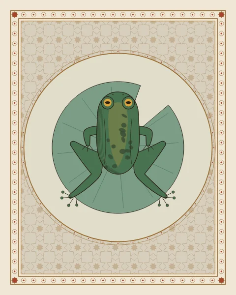 A spotted green frog seen from above, legs spread on a lily pad, centred in a round medallion with a ring of dots on a star lattice.