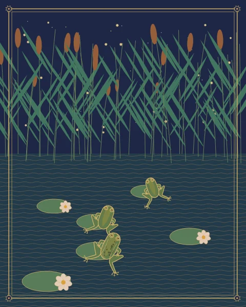 Frogs sitting on lily pads among tall reeds and bulrushes on still dark water, under a scatter of small stars.