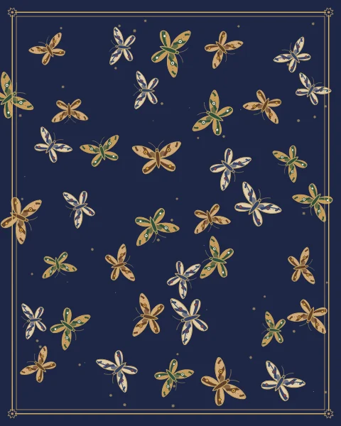 Moths of several kinds scattered across deep indigo at every angle, their patterned wings in sand, carnelian and lapis.