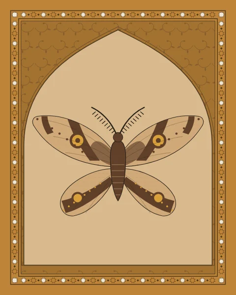 A large moth with patterned, eye-spotted wings and feathered antennae, spread open inside a pointed arch with arabesque scrolls.