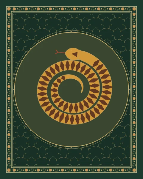 A banded serpent lying in a loose coil, head raised and tongue out, inside a round medallion on deep green with arabesque scrolls.