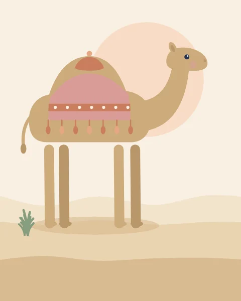 A camel stands on soft dunes wearing a rose saddle cloth trimmed with tassels, a pale sun behind its hump.