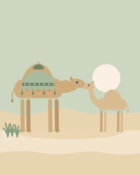A mother camel in a sage saddle cloth with small tassels bends her long neck down to meet her calf nose to nose on a sage-green afternoon.