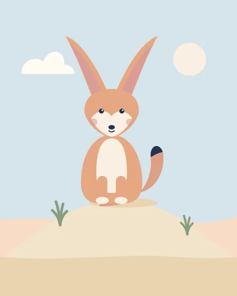 A fennec fox sits on the crest of a dune, its very large ears standing tall against a pale blue sky.