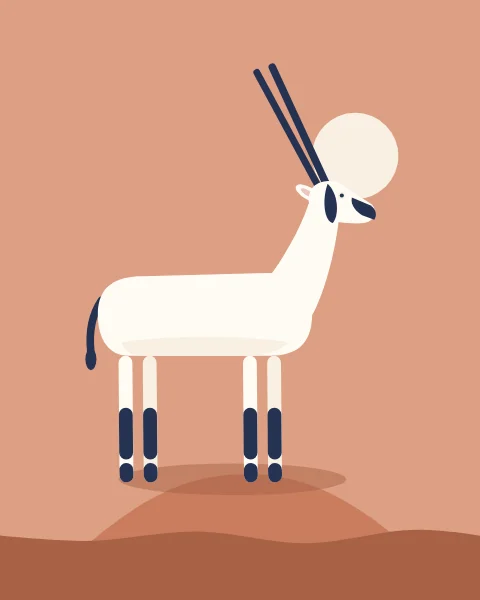 A white Arabian oryx with long straight horns stands on a terracotta hill under a small cream sun.