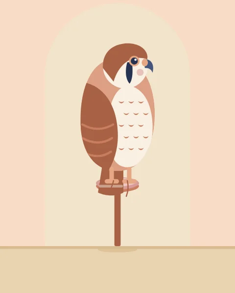 A small falcon sits on a cushioned post perch, framed by a soft sand-coloured arch.
