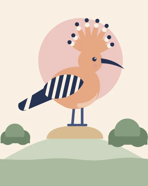 A hoopoe with its crest fanned open stands on a smooth stone beside sage bushes, a rose sun behind it.