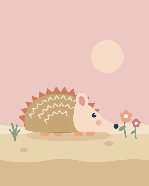 A long-eared desert hedgehog trundles across the sand towards two small flowers under a pale peach sun.