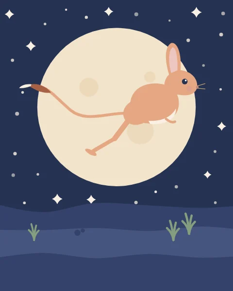 A jerboa leaps across the dunes at night, its long tufted tail streaming out behind it in front of a large pale moon.