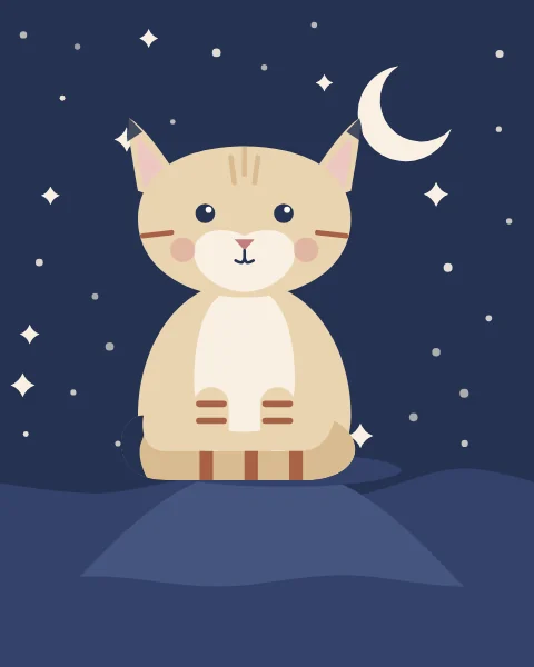 A sand cat with wide-set ears sits on a dark dune under a crescent moon and scattered stars.