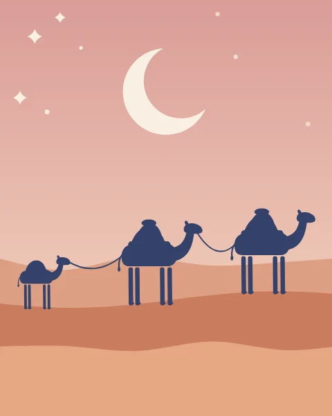 A small line of camels, one of them a calf, walks along a dune ridge at dusk beneath a new crescent moon.