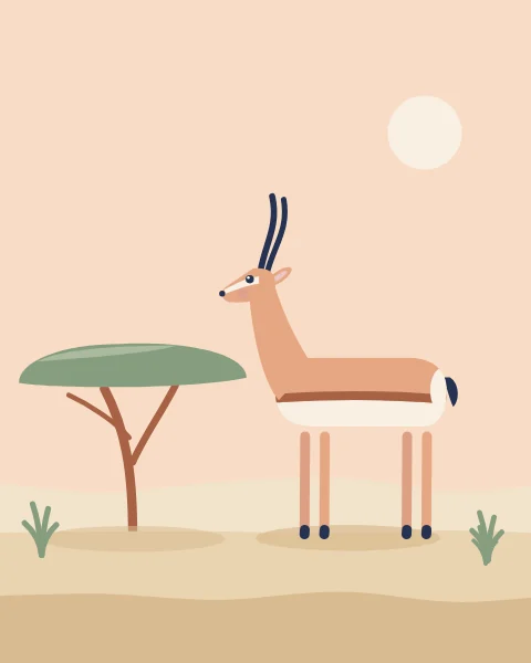 A gazelle with lyre-shaped horns stands by a flat-topped acacia tree on a warm peach afternoon.