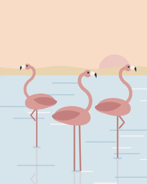 Three pink flamingos wade in a pale blue lagoon, their reflections softly showing in the water.