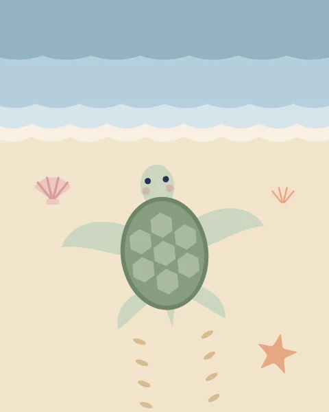Seen from above, a green sea turtle makes its way up the sand towards the waves, leaving a trail of flipper marks.