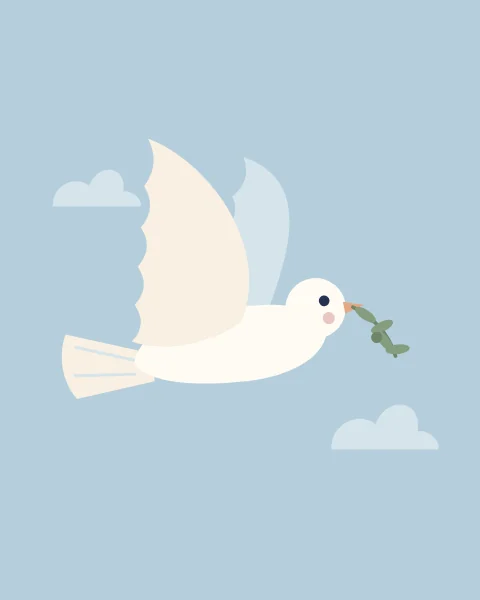A white dove with broad raised wings flies across a blue sky carrying a small sprig of olive in its beak.