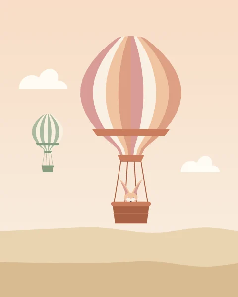A fennec fox peeks over the basket of a striped hot-air balloon drifting above the dunes.