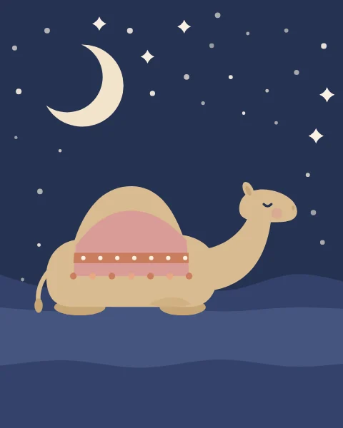 A camel in a rose saddle cloth kneels on a dune with its eyes closed, under a crescent moon and stars.