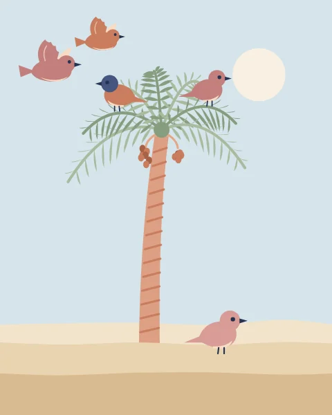 A date palm heavy with fruit stands on a dune while small birds perch in its fronds and fly past.
