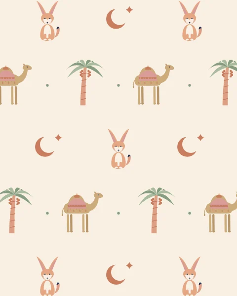 A repeating pattern of little camels, date palms, fennec foxes and crescent moons on cream.