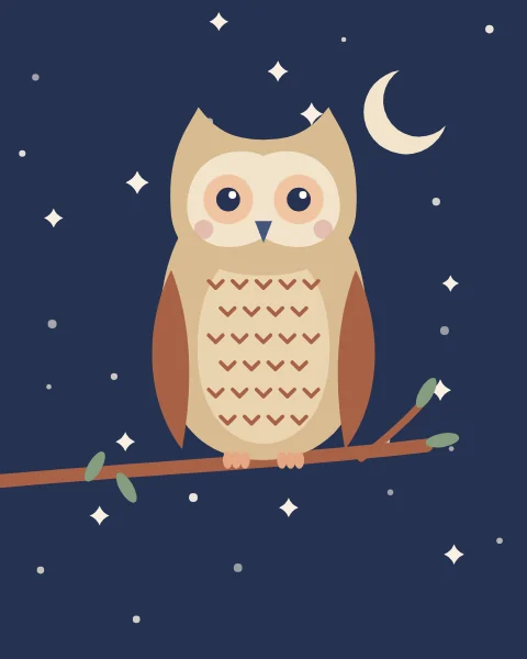 A round, tufted eagle owl perches on a bare branch beneath a crescent moon on a starry navy night.