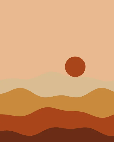 Four rolling bands of dune, pale to dark, fill the lower half beneath a peach sky. A small clay sun sits just above the first ridge.