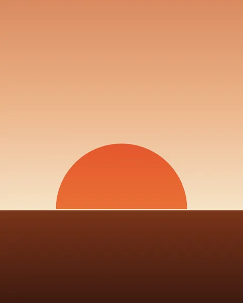 A large sun sits half below a flat horizon, its lower edge cut by a dark red plain. The sky fades from warm rose at the top to pale cream at the line.