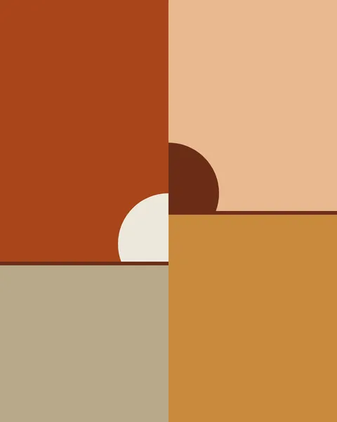 The frame is cut down the middle. On the left a clay sky meets a sand plain low down, with half a bone sun sitting on it; on the right a peach sky meets an ochre plain higher up, and the other half of the sun is dark red.
