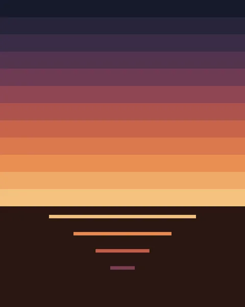 Twelve horizontal bands of colour run from deep blue at the top through plum and red to pale gold at the horizon. On the dark plain below, four short bars of the same colours narrow towards the viewer.