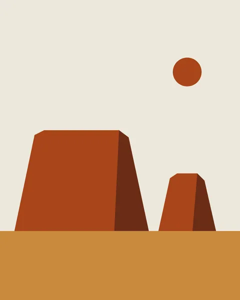 A broad flat-topped mesa and a smaller butte stand on an ochre plain against a pale sky, each with a dark shadowed face. A small clay sun sits high on the right.