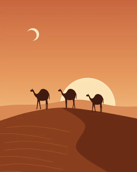 A line of three dromedaries walks along the crest of a deep red dune, their dark silhouettes crossing a large pale sun that sits just on the ridge. A softer dune lies behind them, fine wind ripples run down the shadowed slope in front, and a thin crescent moon hangs high on the left.