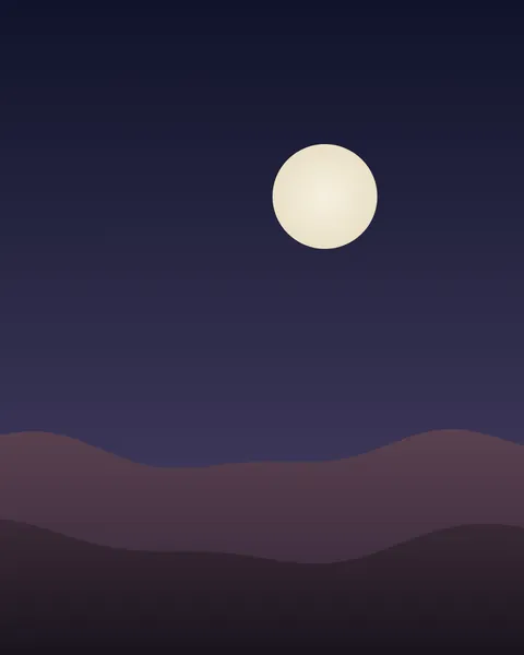 A pale full moon hangs in a sky that deepens from violet at the horizon to blue-black at the top. Two dune ridges in plum and near-black fill the foot of the frame.