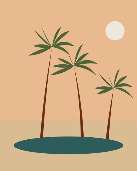 Three palms of different heights, with dark red trunks and olive fronds, stand around a dark green pool on a sand ground. The sky is a flat peach with a pale sun.
