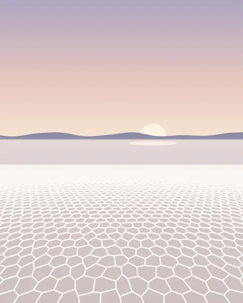 A pale salt pan covered in a net of raised white hexagonal plates recedes to a low violet range. A soft sun sits on the horizon in a sky that warms from lilac to peach, and its light lies on the salt in a thin streak.