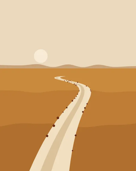 A pale, dry riverbed snakes up from the foot of the frame and narrows to a thread at the horizon, a darker channel running inside it. Ochre ground steps back in three bands to a low range and a pale sun, and dark pebbles line the banks.
