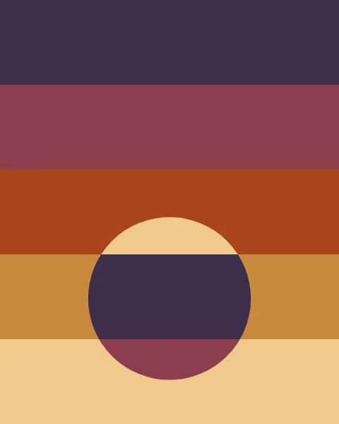 The frame is cut into five equal bands, violet at the top to pale gold at the foot. A large sun rises through the lower bands, its colour swapping in each one.