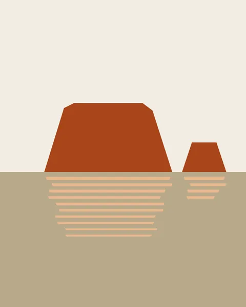 A clay mesa and a small butte stand on a flat sand plain under a pale sky. Beneath them, their upside-down reflection is broken into thin horizontal strips, each nudged a little sideways.